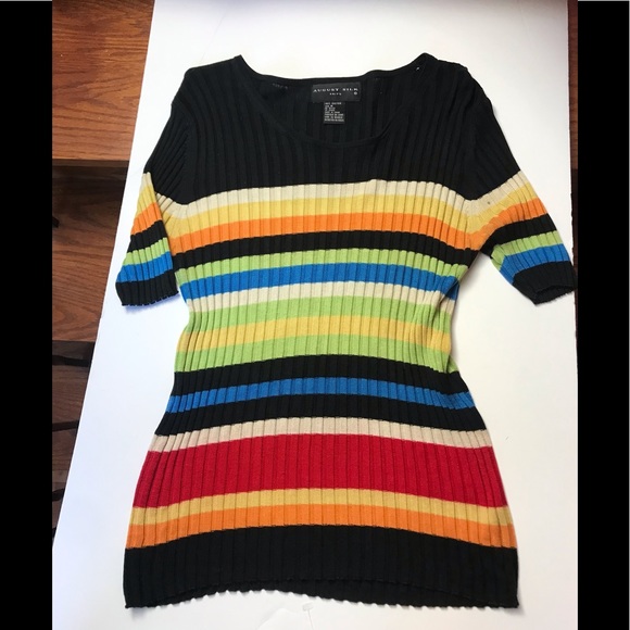 August Silk Ribbed 100% Silk Knit Sweater Top Stretch Crew Stripes Rainbow Black - Picture 9 of 11
